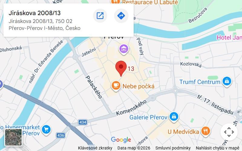 Mapa centra Přerova s prodejnou v Jiráskově ulici 13